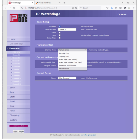 IP-Watchdog2 software interface on a computer screen showing Basic Setup, Manual control, Output setup.
