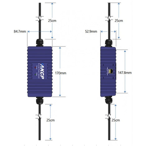 AKCP In-Line Power Meter dimensions 	170 x 85 x 52 mm