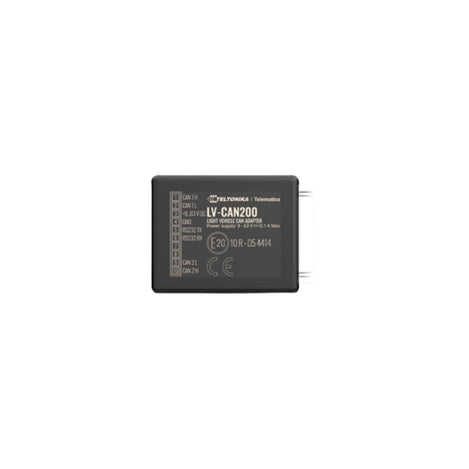 Full front view of black rectangle electronic device with brand and model number and pinout information.