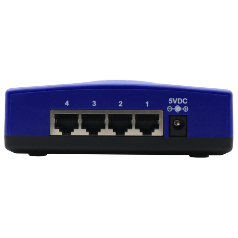 Back view of the SP2+ with 4 RJ45 ports and  a 5VDC connection.