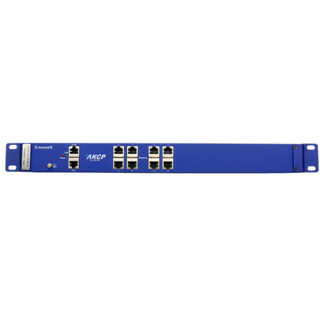 Front view of the AKCP blue 8 port sensor expansion unit with RJ-45 intelligent sensor ports  for securityProbes 5E.
