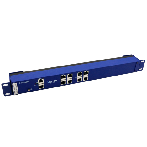 A blue 8 port sensor expansion unit with RJ-45 intelligent sensor ports  for AKCP securityProbes 5E.