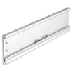 A silver aluminum wall-mounted DIN  rail with a mounting bracket  for 4 screws  and a small metal connector in the center bottom.