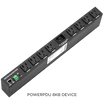 PDU8KB photo showing front view with 8 outlets, RJ45 jack, phoenix connector, and label on the bottom of unit.