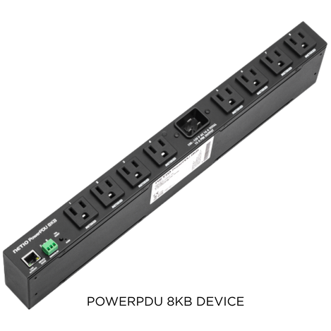 PDU8KB photo showing front view with 8 outlets, RJ45 jack, phoenix connector, and label on the bottom of unit.