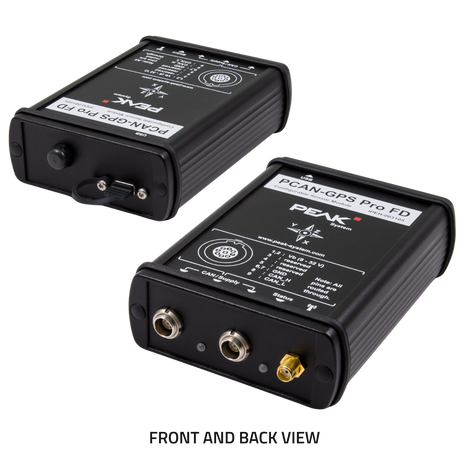 Back and Front view of the PEAK System PCAN-GPS Pro FD device.