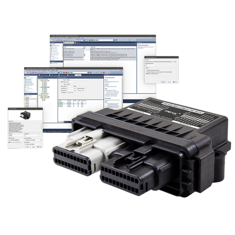 PCAN MicroMod FD ECU with screenshots of software behind
