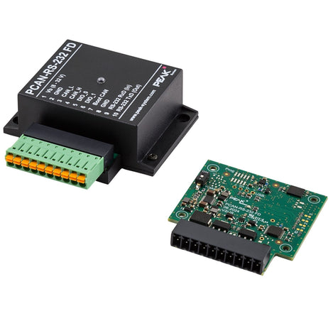 Two electronic components with 1 showing the outside black casing with green connectors and the other the inside green circuit board.