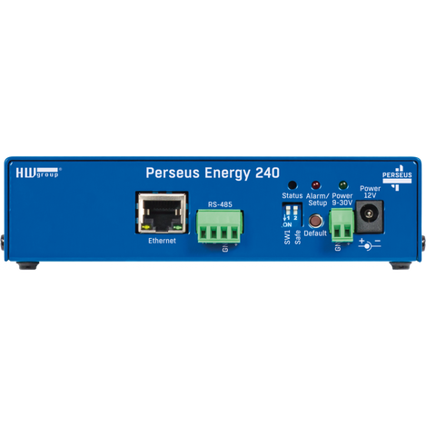 Side view of the Perseus Energy 240 with connectors, LEDs, default button, and power connector 