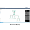 A software interface screenshot for Quickline showing a power train mapping diagram with boxes, lines, and a sidebar panel, plus the caption 