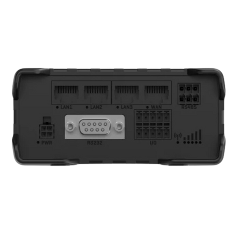 RUT956 bottom view with 3 LAN ports, 1 WAN port, 1  RS485, power, 1 RS232, 10 I/O connectors and wireless indicator