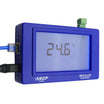 A blue sensorProbe2+ LCD device with a digital screen, PoE port, power indicator and reset button, showing power cable connections