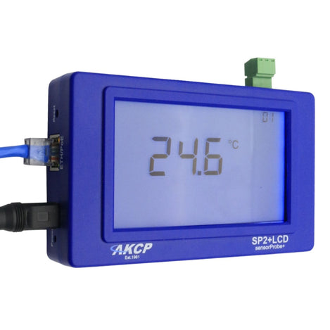 A blue sensorProbe2+ LCD device with a digital screen, PoE port, power indicator and reset button, showing power cable connections