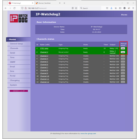 IP Watchdog2 software interface on a computer screen showing base information and status of channels.