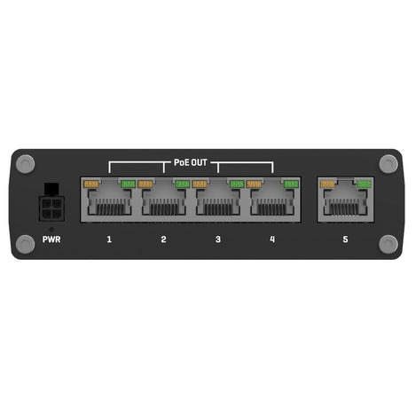 TSW100 showing PWR connector and 5 ethernet ports