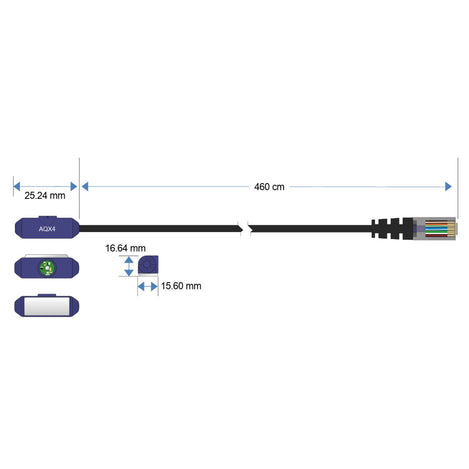 AQX4 dimensions - sensor: 25.24 × 16.64 × 15.60 mm (0.99 × 0.66 × 0.61 in), cable: 460 cm (15 ft)