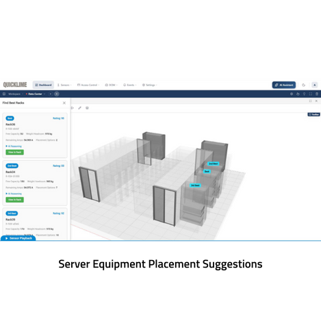 A screenshot of a software dashboard interface showing a 3D warehouse layout with shelving units and a left sidebar with performance metrics and labels such as QuickLime, Dashboard, and Advanced.
