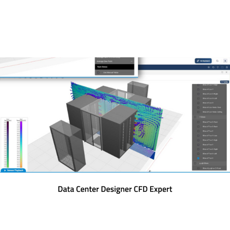 A screenshot of a 3D server rack thermal simulation software interface, showing server cabinets with heat flow and temperature contour overlays in blue, green, and purple, alongside a color scale and control panels.