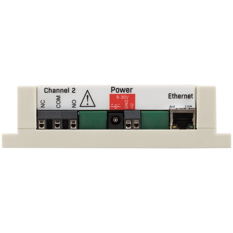 Side view of the HWG IP Watchdog2 Industrial device showing Channel 2 connection, Power connection and Ethernet.