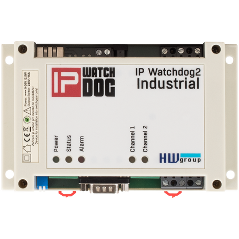 Front view of the HW group IP Watchdog2 Industrial device showing Power, Status, Alarm , Channel 1 and Channel 2 LEDs.