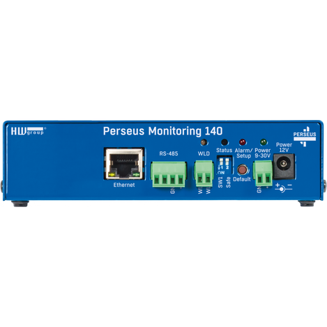 Side view of the Perseus Monitoring 140 has Ethernet port a RS-485 terminal block connector, a WLD terminal block, status, alarm/setup and power LEDs and a 12V power connector.