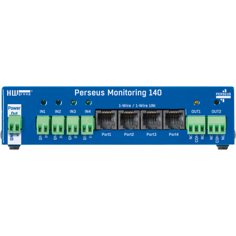 The other side has a power out terminal block, 4 I 4 1-Wire/1-WIREUNI ports, and 2 DOs.