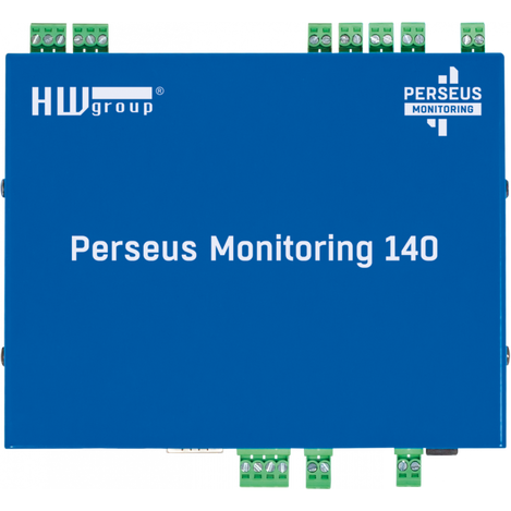 Top view of the Perseus Monitoring 140 shows 7 terminal blocks extending from one side and 3 terminal blocks from the other side.