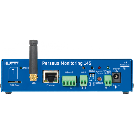 Side view of the Perseus 145 device has sim card slot, LTE antenna, Ethernet port, RS-485 connector, WLD onnector, Status LEDs, Power.