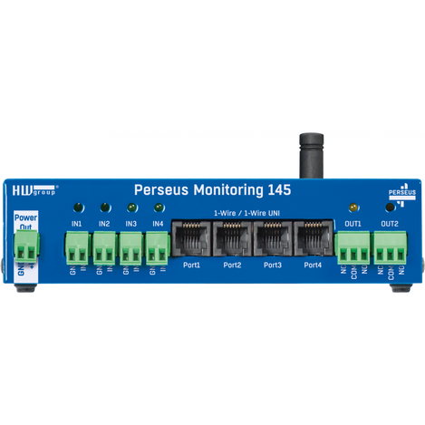 Other side view of Perseus 145 has Power out, 4 DI, 4 1-Wire /1-Wire UNI ports , 2 DO and status LEDs.