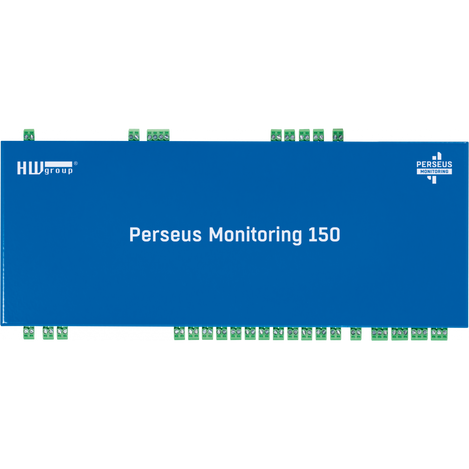 Top view of the Perseus has HWgroup logo and identifies the unit as Perseus Monitoring 150.
