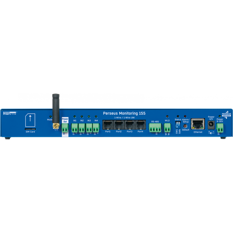 A side view of the Perseus 155 shows a simcard  slot, antenna (not included in the base unit option), power out, 4 DI ports, 4 1 Wire / !-wire Uni ports, 1 RS-485 port, 1 WLD port ,  Status LEDs, 1 Ethernet port, and power ports.