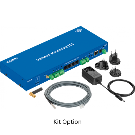 The Perseus  155 monitoring Kit has the device itself, 1 temperature sensor, 1 LTE antenna, and a universal power supply.