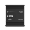 Top view of the RUT301 has a label with default IP address and Made in Lithuania