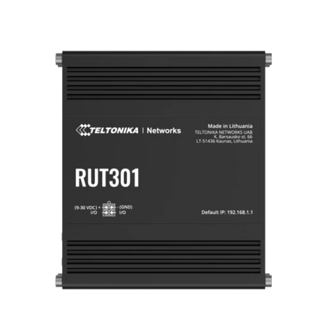 Top view of the RUT301 has a label with default IP address and Made in Lithuania