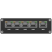 Front view of RUT301 has 4 Lan ports and 1 WAN port. LEDs are available for each port