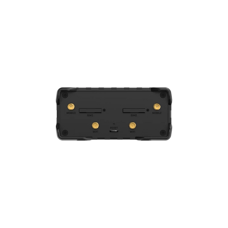 RUT951 has 4 antennae connectors, 2 sim card slots and a reset button on 1 side of the device.
