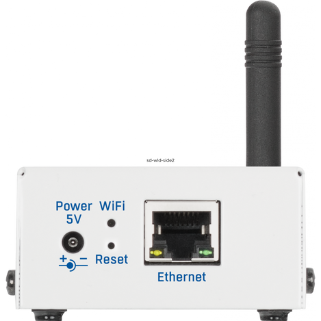 Side view of SD-WLD with Power connector, WiFI LED and reset button. Ehternet jack