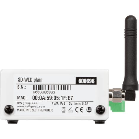 Side view of product label with S.N. MAC address, certification, Made in Czech Republic