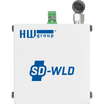 Top view of the SD-WLD device with terminal block and antenna.