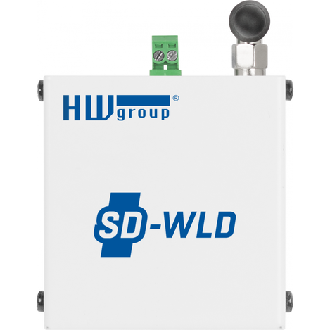Top view of the SD-WLD device with terminal block and antenna.