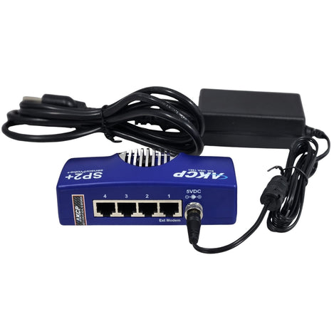 Blue SP2+ with attached optional Power Supply cable on a white background