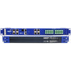 An AKCP spx8-x20 network multiplexer device shown from both the front and back. The front features a blue chassis with RJ45 ports, green terminal blocks, and SPX+ labels, while the back shows a black panel with blue mounting brackets.