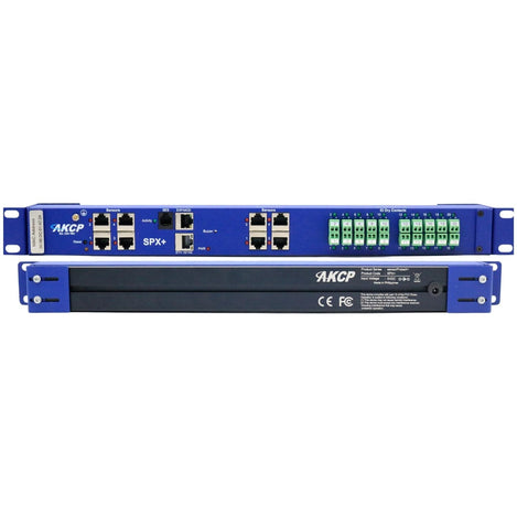 An AKCP spx8-x20 network multiplexer device shown from both the front and back. The front features a blue chassis with RJ45 ports, green terminal blocks, and SPX+ labels, while the back shows a black panel with blue mounting brackets.
