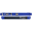 Two views of an Akcp SPX+ SPJ network switch module, showing the blue front panel with RJ45 ports on top and the black back panel on the bottom