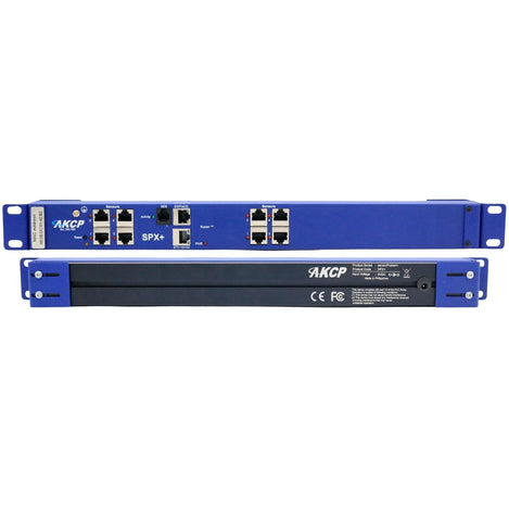 Two views of an Akcp SPX+ SPJ network switch module, showing the blue front panel with RJ45 ports on top and the black back panel on the bottom
