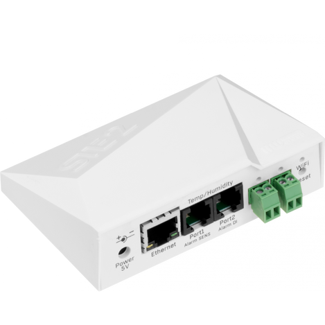STE2 R2  device has connectors Power (5V), Ethernet, Port1 and Port2 sensor RJ11 ports, 2 terminal blocks (each 2 screws) plus a WiFi indicator and Reset button.