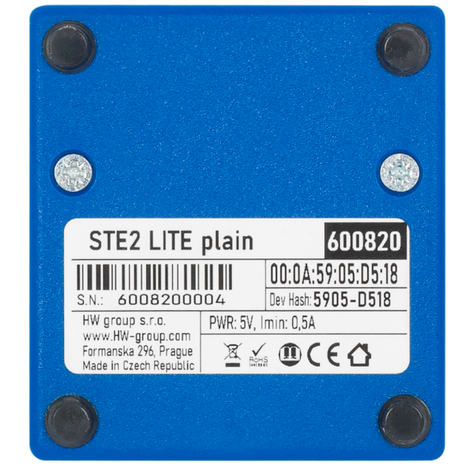 Bottom side label on the STE2 LITE shows manufacturer part number, device serial number, and power information.
