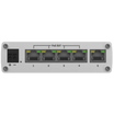 TSW101 side view photo shows power connector, 5 Ethernet ports with 4 having PoE.