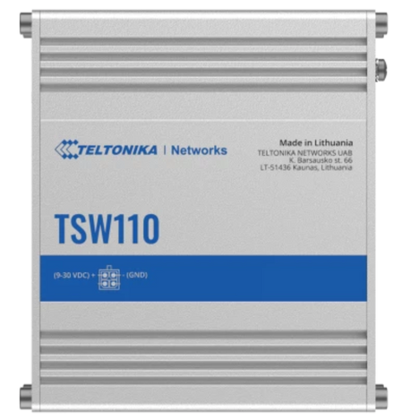 TSW110  device, top view of label with teltonika logo, Made in Lithuania, and power pinout diagram