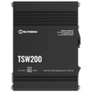 Top view of the Teltonika TSW200. Power socket pinout diagram, Made in Lithuania , logo and PoE out information.